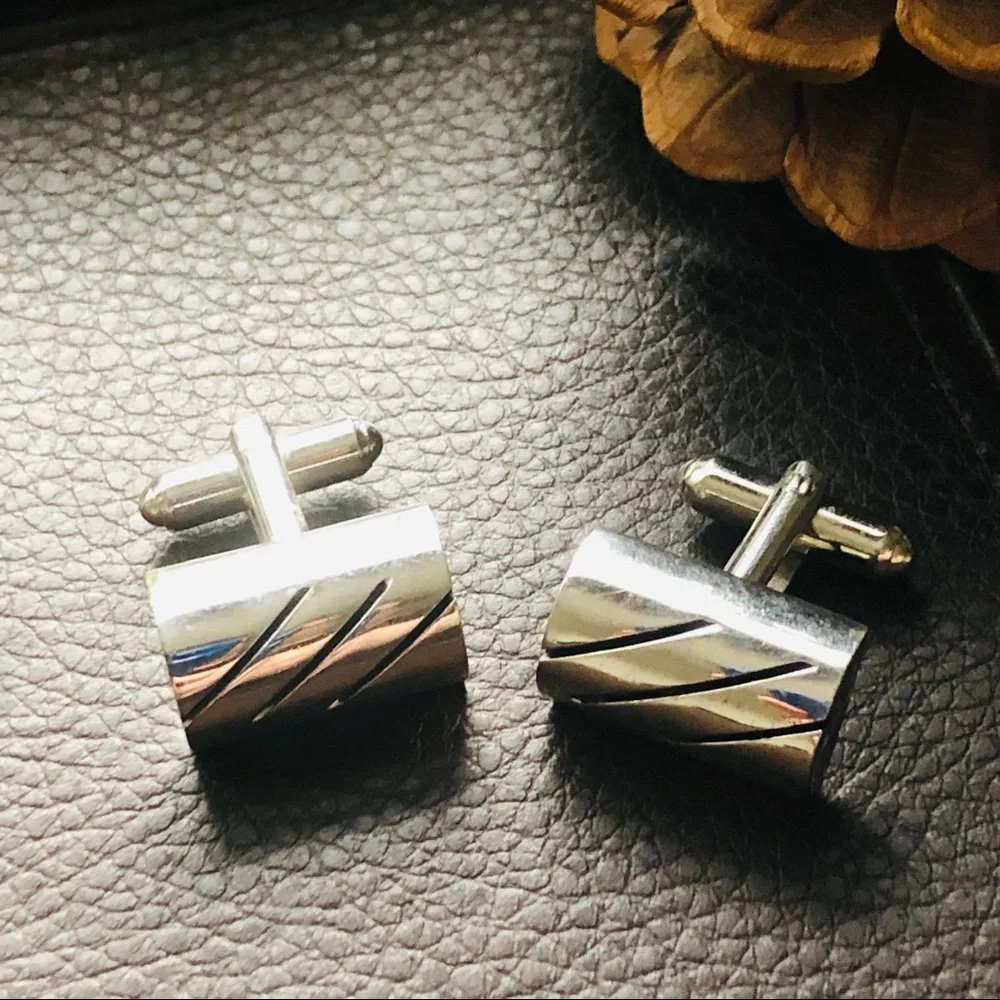 Vintage tilted dome silver plated textured design cuff links